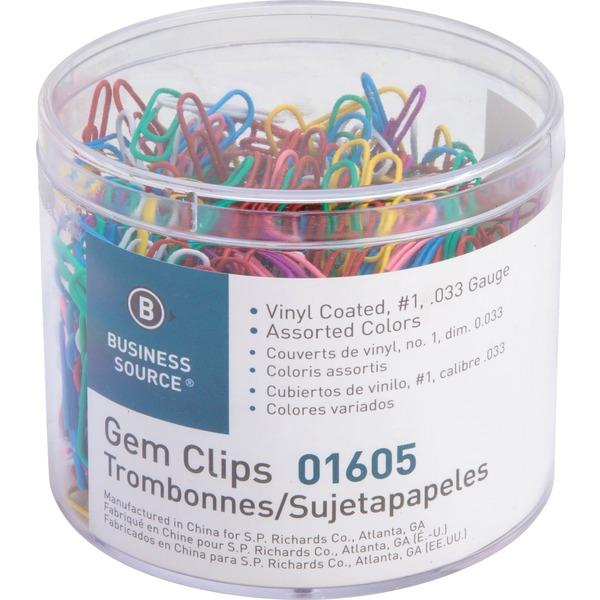 Business Source Vinyl-coated Gem Clips - Small - No. 2 - for Paper - Rust Resistant - 500 / Box - Assorted - Vinyl