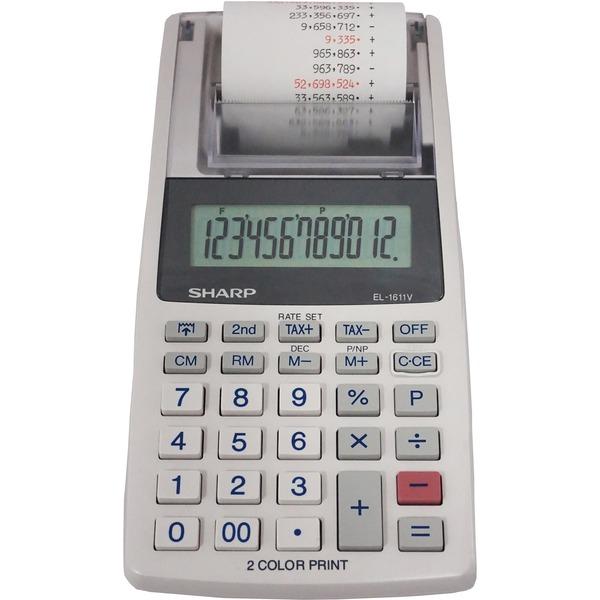 Sharp EL-1611V 12-digit Mini Printing Calculator - Dual Color Print - Black/Red - 2 lps - 4-Key Memory, Lightweight, Dual Power, Compact, Cordless - 12 Digits - LCD - Battery/Power Adapter Powered - 4