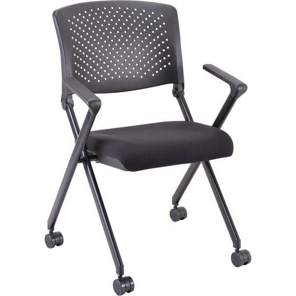 Lorell Plastic Arms/Back Nesting Chair - Black Fabric Seat - Black Plastic Back - Metal Frame - 24.4