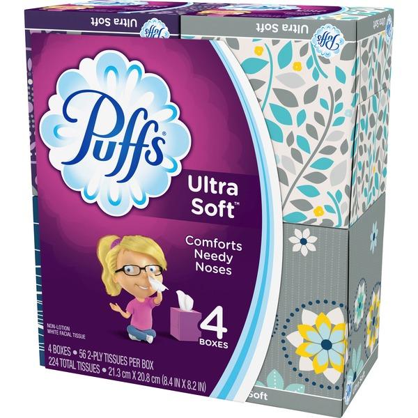 Puffs Ultra Soft Tissue 4-Pack - 2 Ply - White - Comfortable, Extra Soft - For Home, Office - 56 Quantity Per Box - 24 / Carton