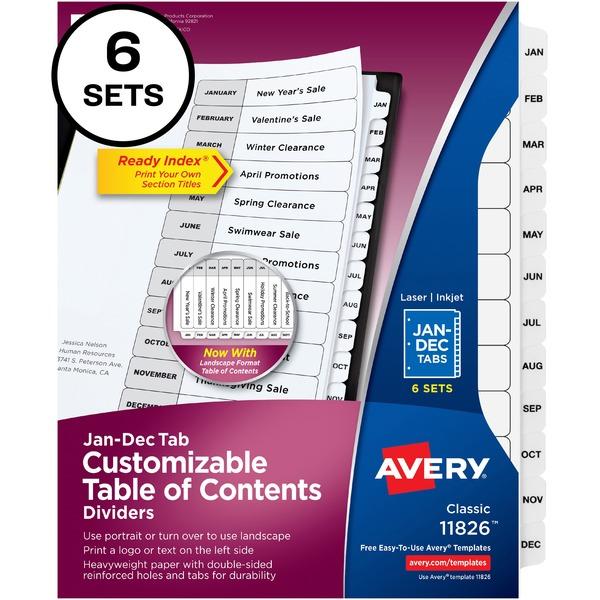 Avery® Ready Index Binder Dividers - Customizable Table of Contents - 72 x Divider(s) - Printed Tab(s) - Month - Table of Contents, January-December - 6 Tab(s)/Set - Letter - 8 1/2