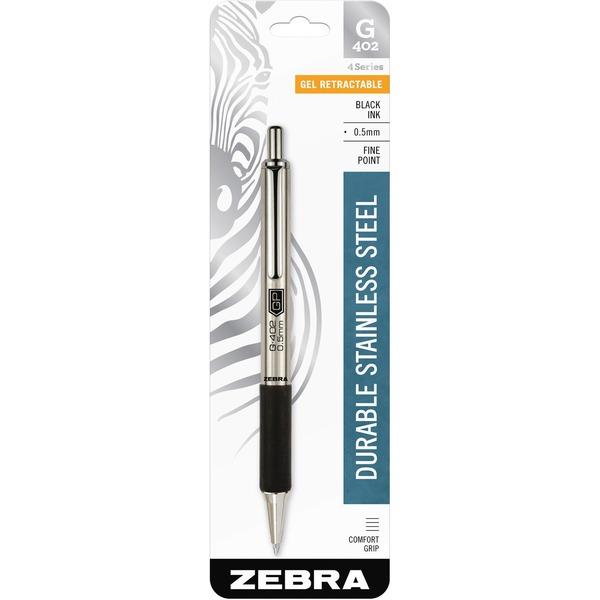 Zebra Pen G-402 4 Series Gel Retractable Pen - Fine Pen Point - 0.5 mm Pen Point Size - Retractable - Black Gel-based Ink - Stainless Steel Barrel - 1 Each