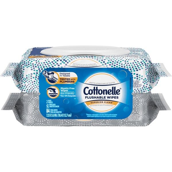 Cottonelle Flushable Wet Wipes Flip-Top Pack - 2 Pouches - White - Flushable, Quick Drying - 42 - 2 / Pack
