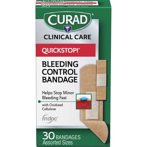 Curad Assorted QuickStop Bandages - Assorted Sizes - 30/Box - White - Fabric