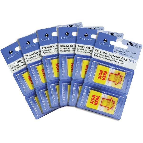 Sparco Pop-up Sign Here Flags in Dispenser - Yellow - Self-stick - 600 / Box