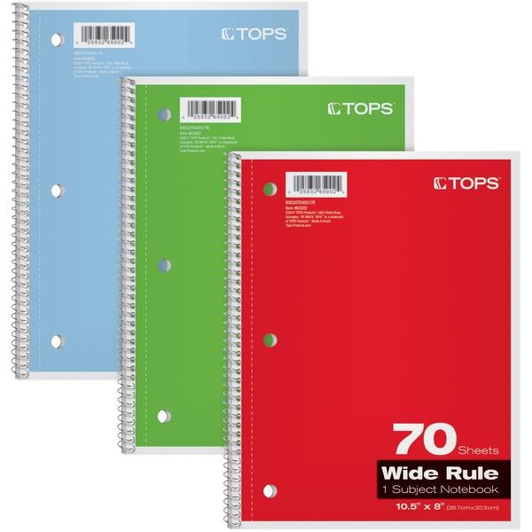 Oxford Wide Rule 1-Subject Spiral Notebook - 70 Sheets - 140 Pages - Spiral Bound Red Margin - 3 Hole(s) - 10 1/2