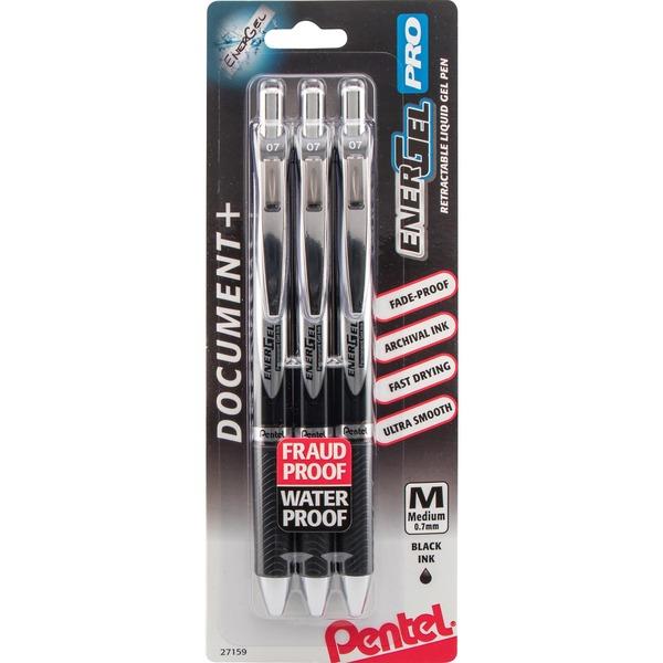 EnerGel PRO Retractable Liquid Gel Ink Pens - Medium Pen Point - 0.7 mm Pen Point Size - Refillable - Retractable - Black Gel-based Ink - Black Stainless Steel Barrel - Metal Tip - 3 / Pack