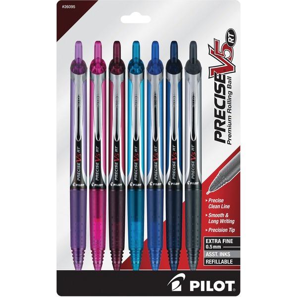 PRECISE V5 RT Premium Rolling Ball Pen - Extra Fine Pen Point - 0.5 mm Pen Point Size - Refillable - Retractable - Navy, Blue, Turquoise, Burgundy, Pink, Purple Liquid Ink - 7 / Pack