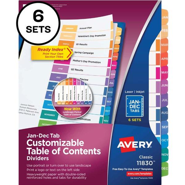 Avery® Ready Index Binder Dividers - Customizable Table of Contents - 72 x Divider(s) - Printed Tab(s) - Month - Table of Contents, January-December - 12 Tab(s)/Set - Letter - 8 1/2