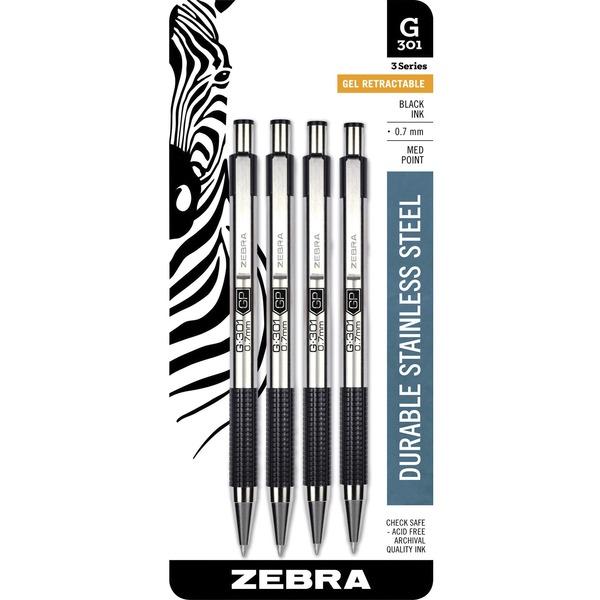 Zebra Pen 0.7mm Retractable Gel Pen - 0.7 mm Pen Point Size - Refillable - Retractable - Black Gel-based Ink - Metal Barrel - 4 / Pack