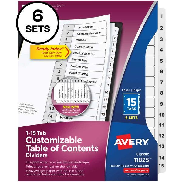 Avery® Ready Index Binder Dividers - Customizable Table of Contents - 90 x Divider(s) - Printed Tab(s) - Character/Digit - Table of Contents, 1-15 - 15 Tab(s)/Set - Letter - 8 1/2