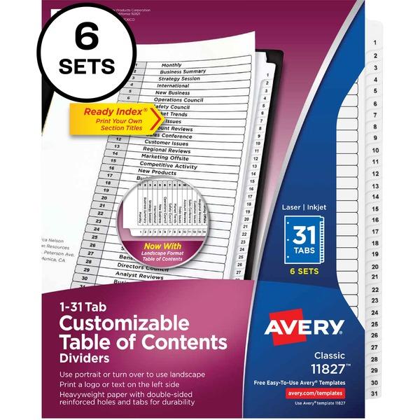 Avery® Ready Index Binder Dividers - Customizable Table of Contents - 72 x Divider(s) - Printed Tab(s) - Character/Digit - Table of Contents, 1-31 - 31 Tab(s)/Set - Letter - 8 1/2