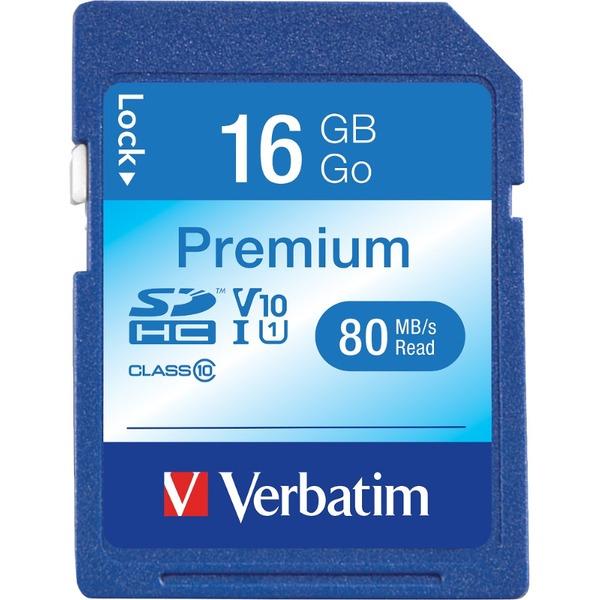 Verbatim 16GB Premium SDHC Memory Card, UHS-I Class 10 - Class 10 - 1 Card/1 Pack - 133x Memory Speed