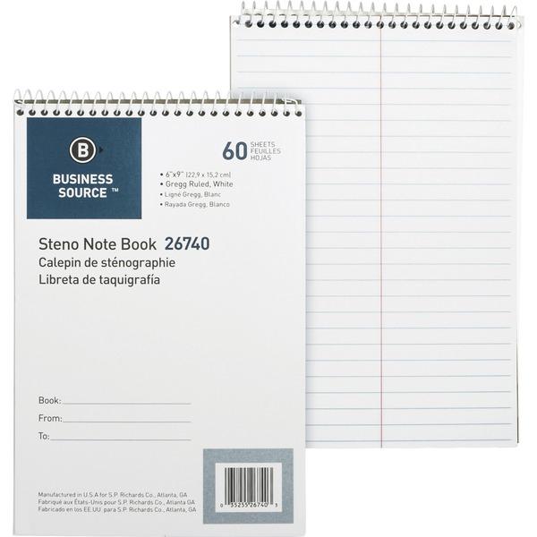 Business Source Steno Notebook - 60 Sheets - Wire Bound - Gregg Ruled - 15 lb Basis Weight - 6