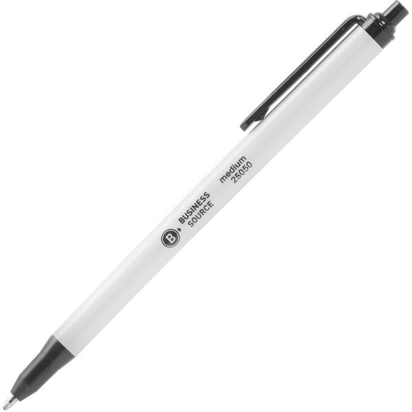 Business Source Retractable Ballpoint Pens - Medium Pen Point - Retractable - Black - Gray Barrel - 12 / Dozen
