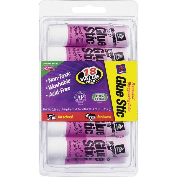 Avery® Glue Stic - Disappearing Color - Washable, Nontoxic - 0.26 oz - 18 / Pack - Purple