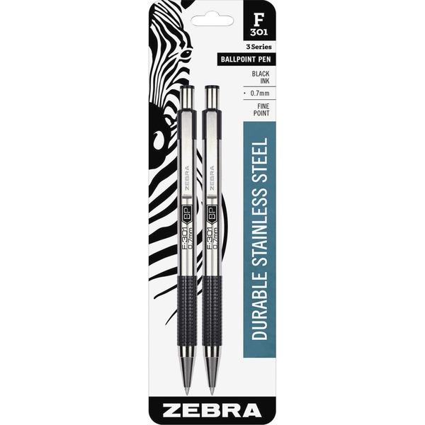 Zebra Pen BCA F-301 Stainless Steel Ballpoint Pens - Fine Pen Point - 0.7 mm Pen Point Size - Refillable - Retractable - Black - Stainless Steel Barrel - 2 / Pack