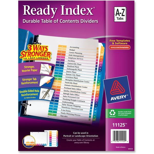 Avery® Ready Index Binder Dividers - Customizable Table of Contents - 26 Printed Tab(s) - Character - A-Z - 26 Tab(s)/Set - 8.5