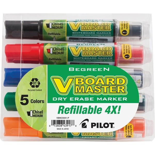 Pilot BeGreen Refillable VBoard Dry-erase Marker - Broad Marker Point - Chisel Marker Point Style - Refillable - Orange, Green, Blue, Black, Red - 5 / Pack