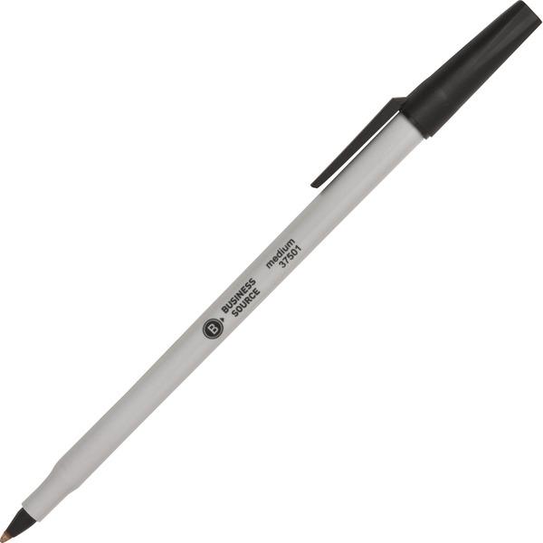 Business Source Medium Point Ballpoint Stick Pens - Medium Pen Point - Black - Light Gray Barrel - Stainless Steel Tip - 12 / Dozen