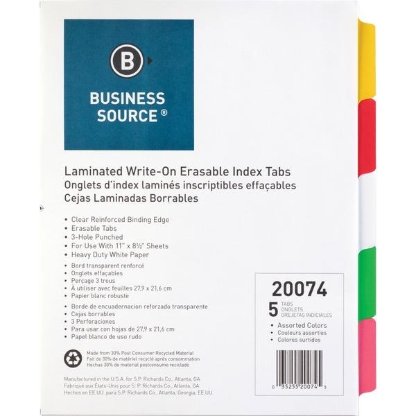  Business Source Laminated Write- On Tab Indexes - 5 Write- On Tab (S)- 5 Tab (S)/ Set - 11 