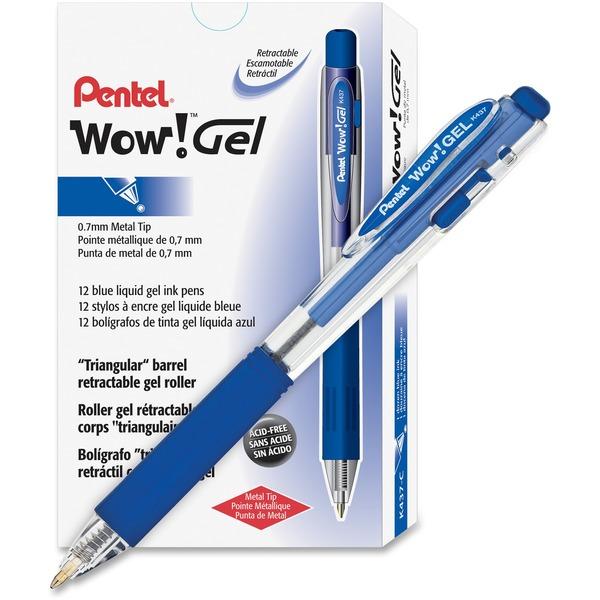 Pentel Wow! Gel Pens - Medium Pen Point - 0.7 mm Pen Point Size - Retractable - Blue Gel-based Ink - Clear Barrel - 12 / Dozen