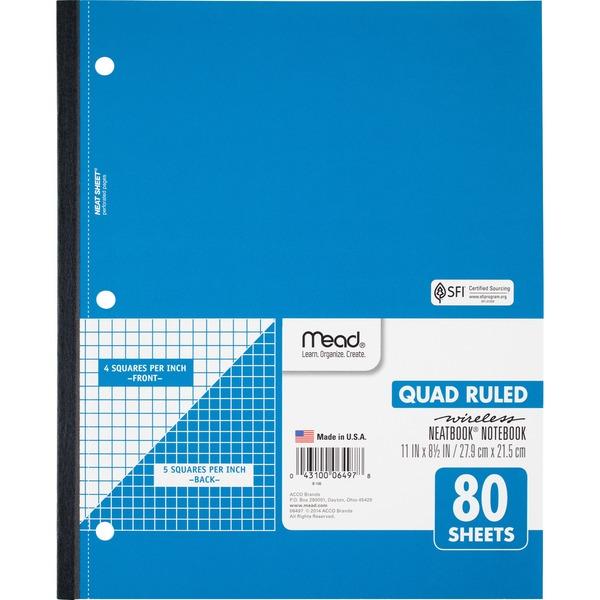 Mead Quad Wireless Neatbook Notebook - Letter - 80 Sheets - Both Side Ruling Surface - 8 1/2