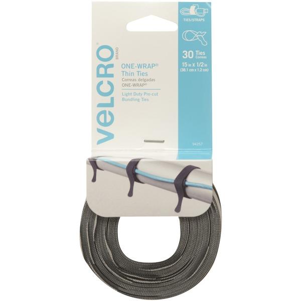 VELCRO Brand ONE-WRAP Thin Ties 15in x 1/2in Ties Gray & Black 30 ct - Black, Gray - 30 Pack - 25 lb Loop Tensile