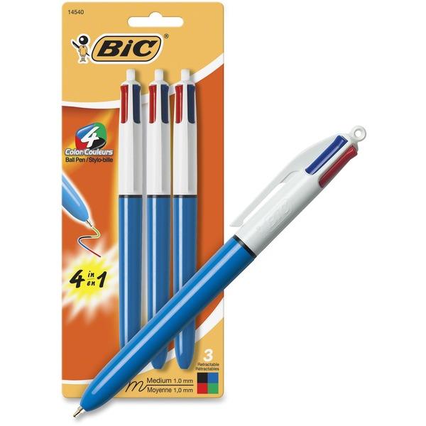  Bic 4- Color Retractable Ball Pen - Medium Pen Point - 1 Mm Pen Point Size - Conical Pen Point Style - Refillable - Retractable - Black, Blue, Green, Red - Opaque Blue Barrel - 3/Pack