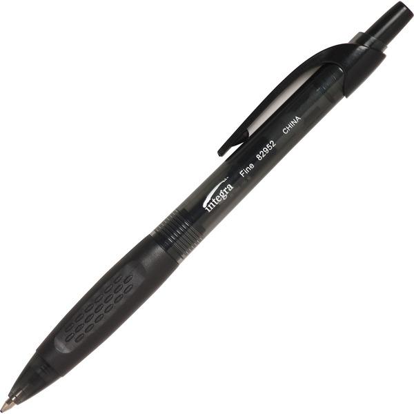 Integra 82952 Retractable Ballpoint Pens - Fine Pen Point - Retractable - Black - Black, Transparent Barrel - 12 / Dozen