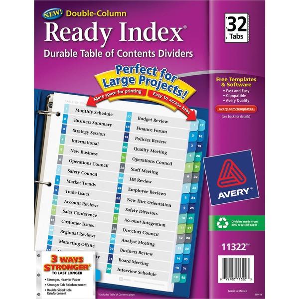Avery® Ready Index Double-Column Dividers - Customizable Table of Contents - 32 Printed Tab(s) - Digit - 1-32 - 32 Tab(s)/Set - 8.5