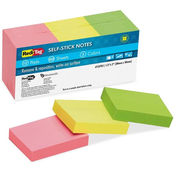 Redi-Tag Self-Stick Recycled Neon Notes - 400 x Neon Pink, 400 x Neon Green, 400 x Neon Yellow - 1.50