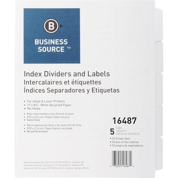 Business Source Un-punched Index Dividers Set - 5 x Divider(s) - Blank Tab(s) - 5 Tab(s)/Set - White Divider - White Tab(s) - 25 / Box