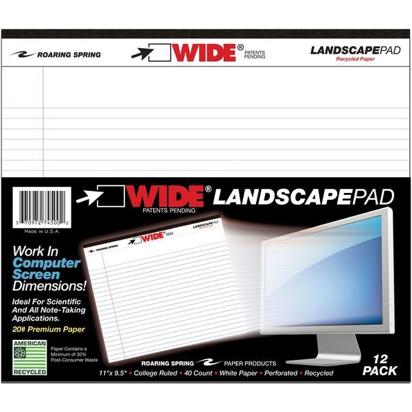 Roaring Spring Wide Landscape White Writing Pads - 40 Sheets - Stapled/Tapebound - 0.28