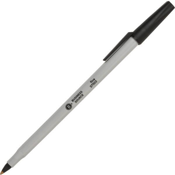  Business Source Fine Point Ballpoint Stick Pens - Fine Pen Point - Black - Light Gray Barrel - Stainless Steel Tip - 12/Dozen