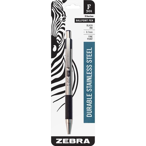  Zebra Pen F- 301 Retractable Ballpoint Pen - Fine Pen Point - 0.7 Mm Pen Point Size - Refillable - Retractable - Black - Stainless Steel Barrel - 1 Each