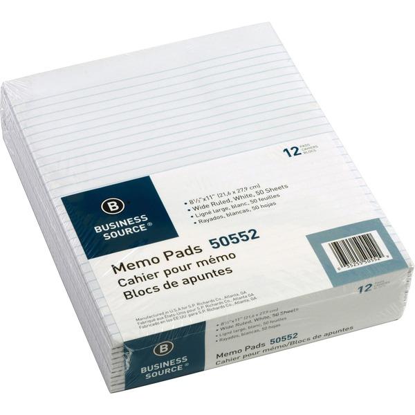 Business Source Glued Top Ruled Memo Pads - Letter - 50 Sheets - Glue - Wide Ruled - 16 lb Basis Weight - 8 1/2