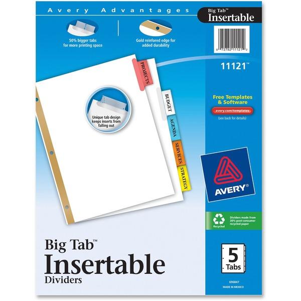 Avery® Big Tab Insertable Dividers - Reinforced Gold Edge - 5 Print-on Tab(s) - 5 Tab(s)/Set - 8.5