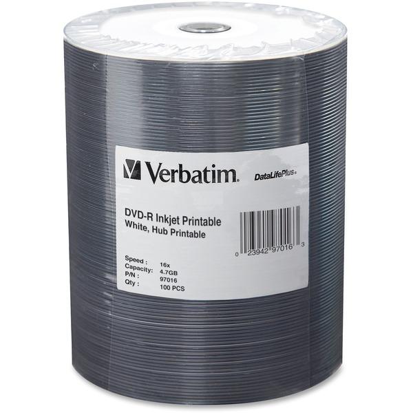Verbatim DVD-R 4.7GB 16X DataLifePlus White Inkjet Printable, Hub Printable - 100pk Tape Wrap - Inkjet Printable