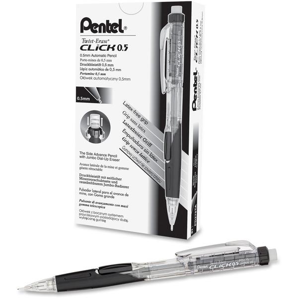 Pentel .5mm Twist Erase Click Mechanical Pencil - #2 Lead - 0.5 mm Lead Diameter - Refillable - Transparent, Black Barrel - 1 Each