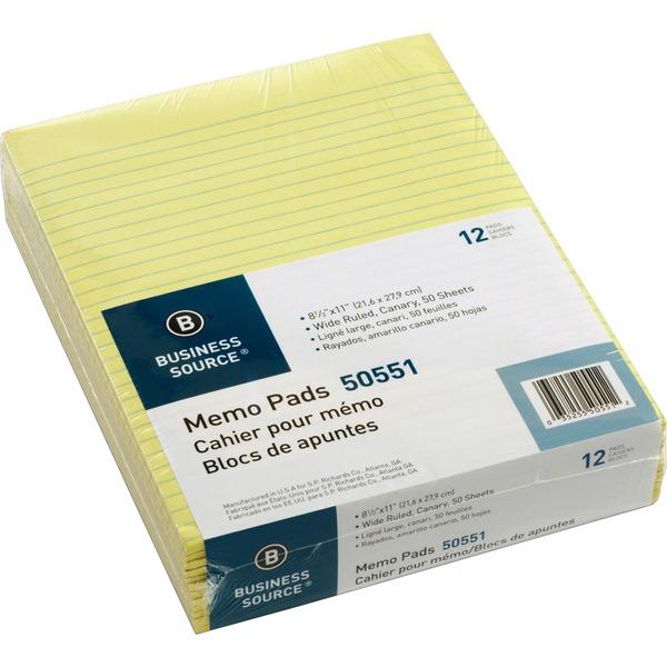 Business Source Glued Top Ruled Memo Pads - Letter - 50 Sheets - Glue - 16 lb Basis Weight - 8 1/2