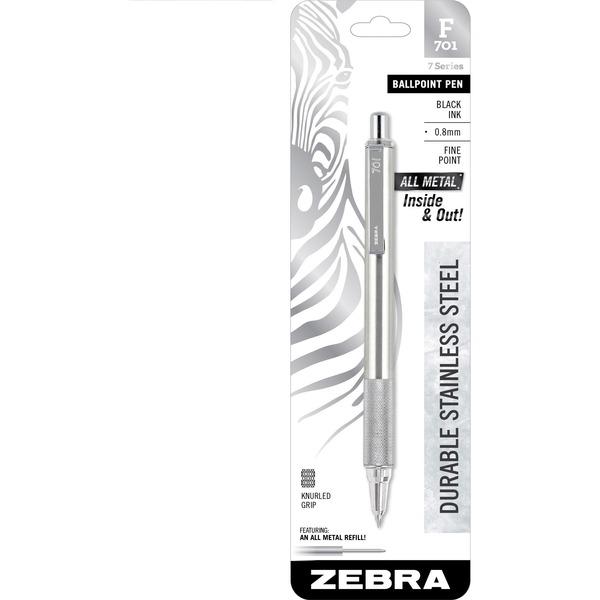 Zebra Pen F-701 Retractable Ballpoint Pen - 0.7 mm Pen Point Size - Refillable - Retractable - Black - Stainless Steel Barrel - 1 Each