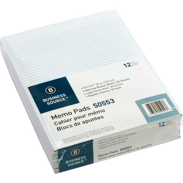 Business Source Glued Top Ruled Memo Pads - Letter - 50 Sheets - Glue - Narrow Ruled - 16 lb Basis Weight - 8 1/2