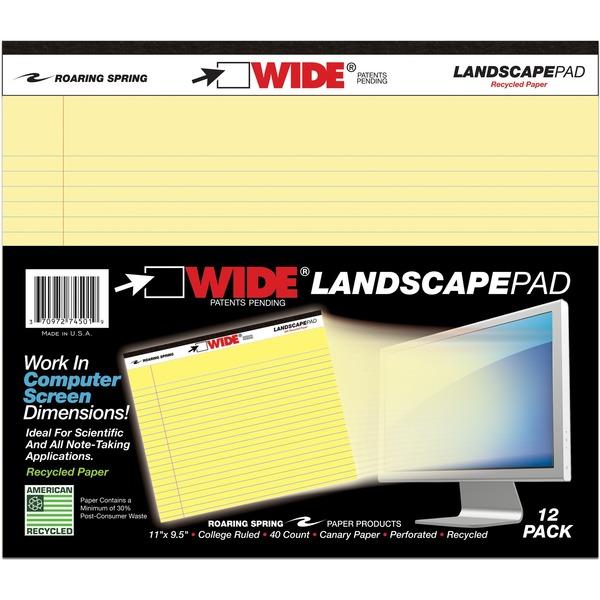 Roaring Spring Wide Landscape Canary Writing Pads - 40 Sheets - Stapled/Tapebound - 0.28