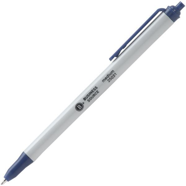  Business Source Retractable Ballpoint Pens - Medium Pen Point - Retractable - Blue - Gray Barrel - 12/Dozen