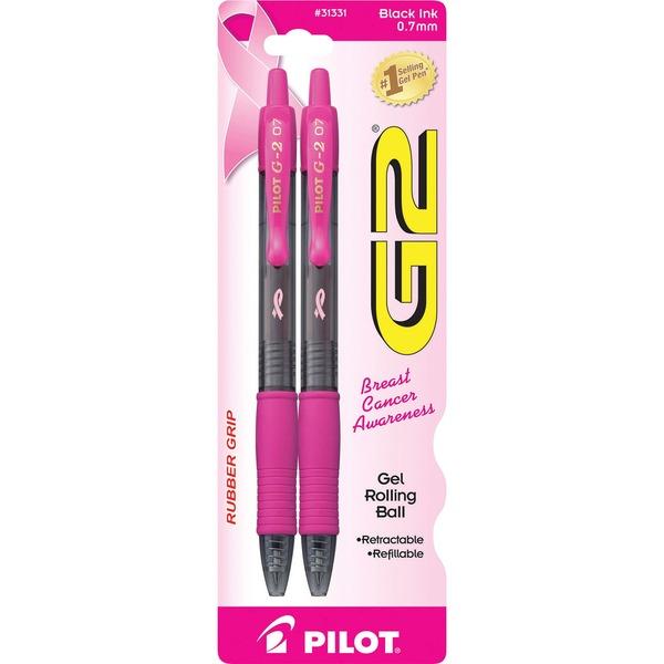  Pilot G2 Rubber Grip Bca Gel Rollingball Pens - Fine Pen Point - 0.7 Mm Pen Point Size - Refillable - Retractable - Black Gel- Based Ink - Black, Pink Barrel - 2/Pack