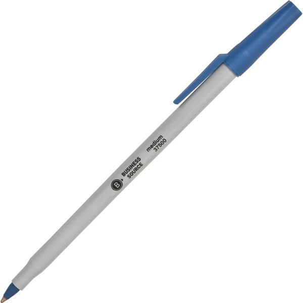 Business Source Medium Point Ballpoint Stick Pens - Medium Pen Point - Blue - Light Gray Barrel - Stainless Steel Tip - 12 / Dozen