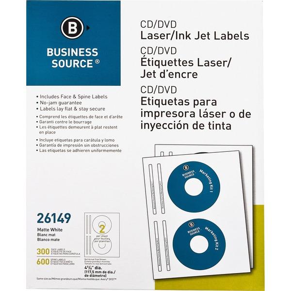 Business Source Laser/Inkjet CD/DVD Labels - Permanent Adhesive - 4 5/8
