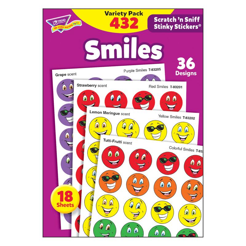Trend Smiles Stinky Stickers Variety Pack - 432 (Smilies) Shape - Scented, Acid-free, Non-toxic, Photo-safe - Red, Yellow, Purple, Orange, Green, Blue - 432 / Pack