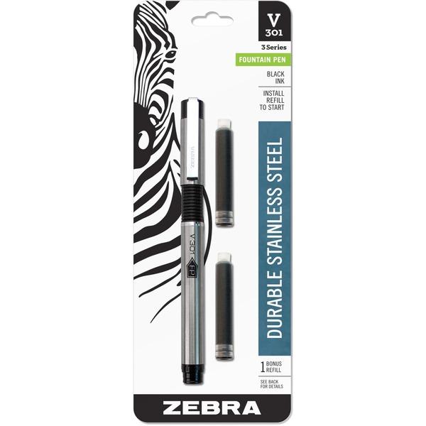  Zebra Pen V- 301 Stainless Steel Fountain Pens - Medium Pen Point - 0.7 Mm Pen Point Size - Refillable - Black - Black Stainless Steel Barrel - 1 Each